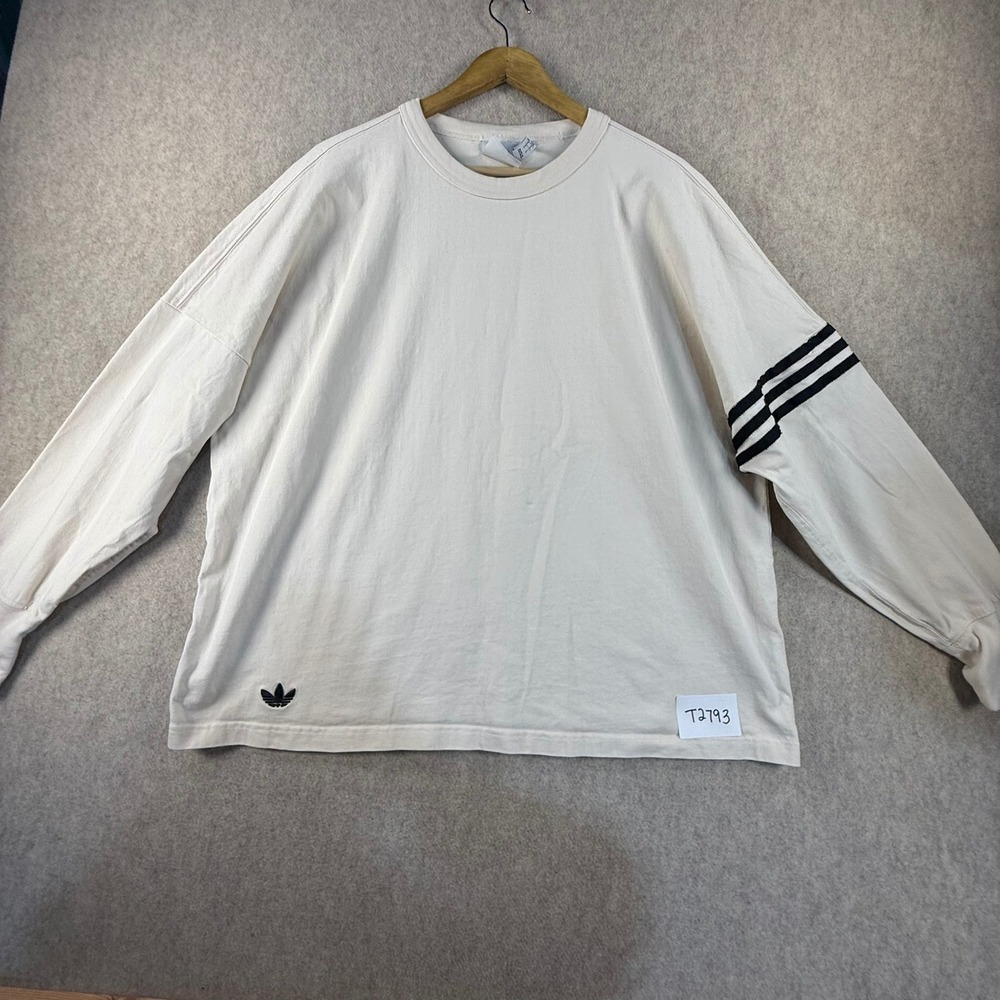 Adidas Originals Mens Large Cream Long Sleeve Trefoil 3-Stripe Boxy T-Shirt